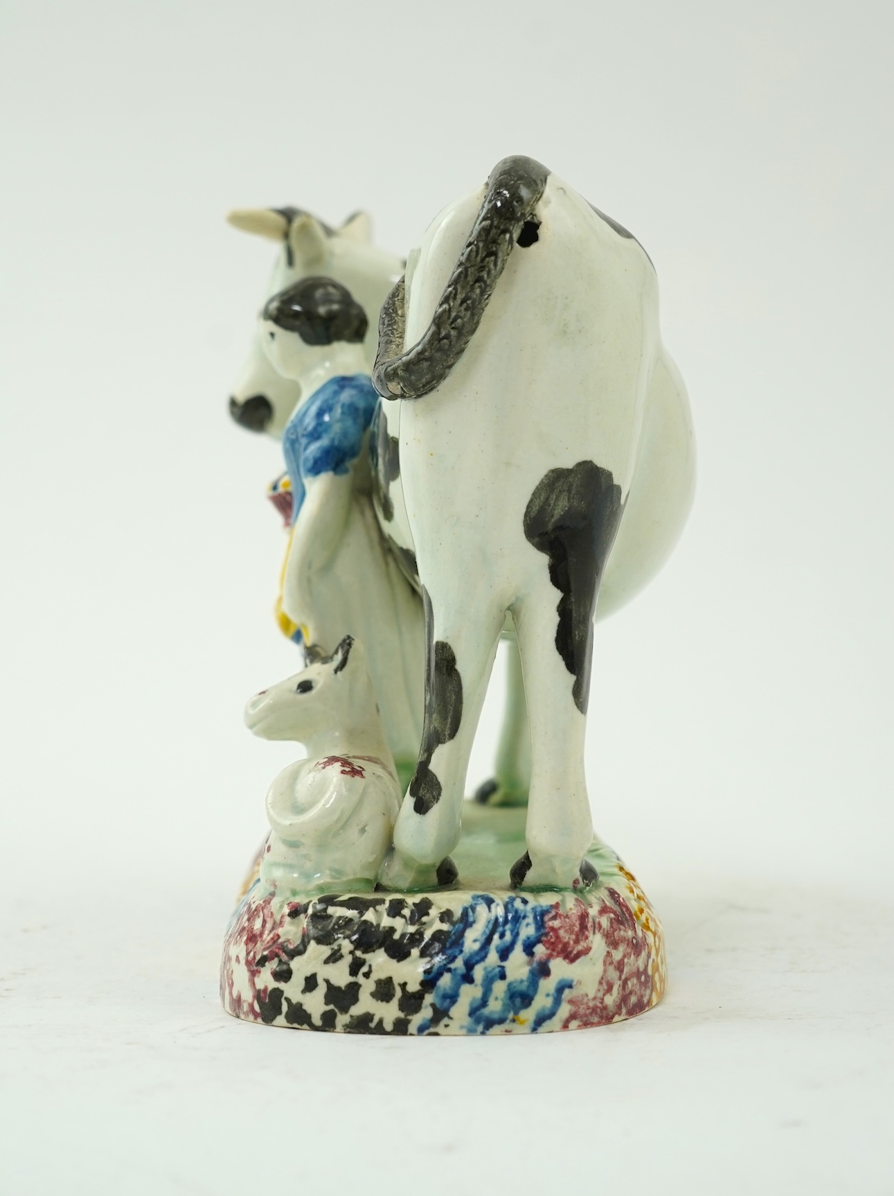A James Emery, Mexborough pearlware cow, calf and milkmaid group, c.1820